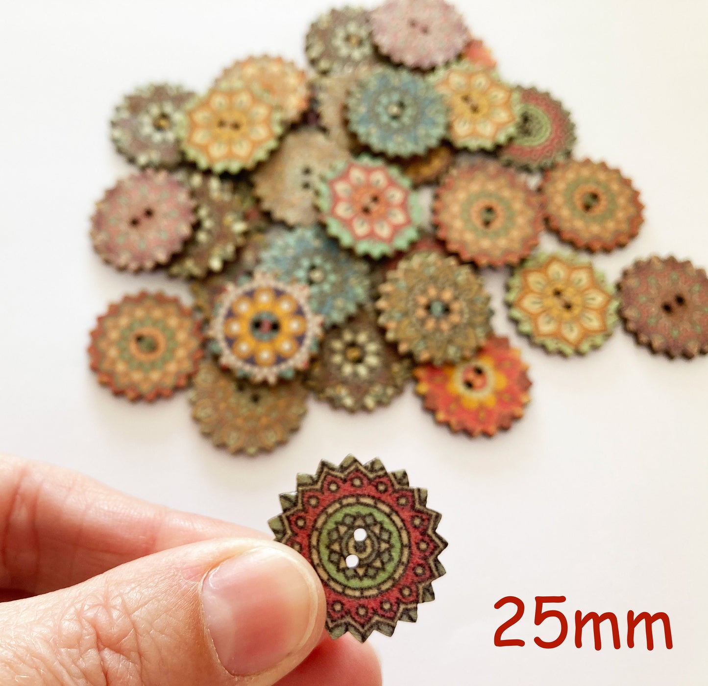 Bohemian Wooden Buttons, 20mm or 25mm, Pack of 10 Random Mix, colourful, retro, vintage buttons