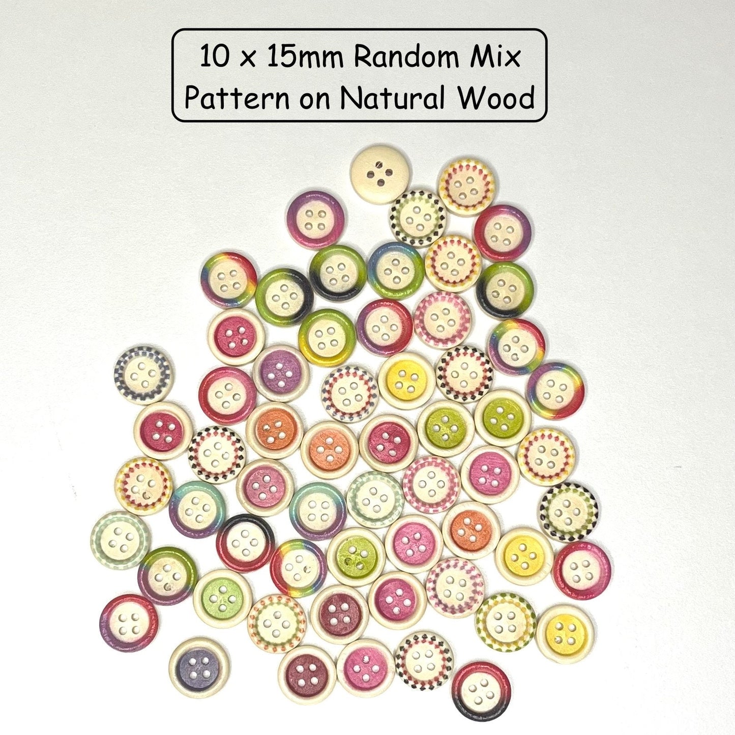Wooden Buttons, 15mm, Pack of 10 Random Mix, colourful, animal, floral, stripe,  vintage buttons