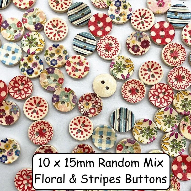 Wooden Buttons, 15mm, Pack of 10 Random Mix, colourful, animal, floral, stripe,  vintage buttons