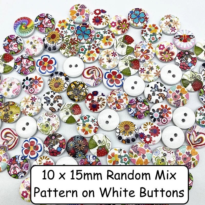 Wooden Buttons, 15mm, Pack of 10 Random Mix, colourful, animal, floral, stripe,  vintage buttons