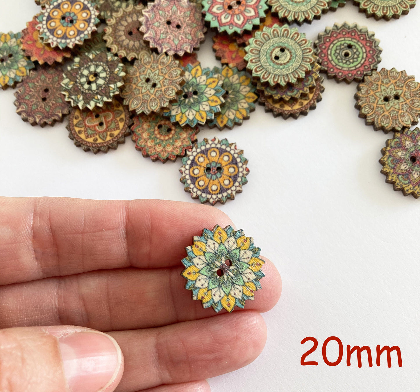 Bohemian Wooden Buttons, 20mm or 25mm, Pack of 10 Random Mix, colourful, retro, vintage buttons