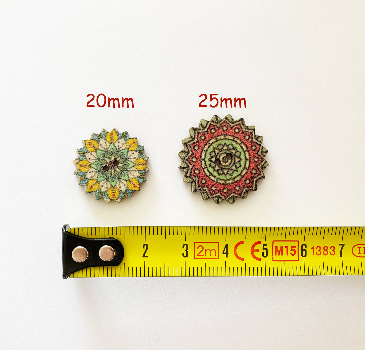 Bohemian Wooden Buttons, 20mm or 25mm, Pack of 10 Random Mix, colourful, retro, vintage buttons