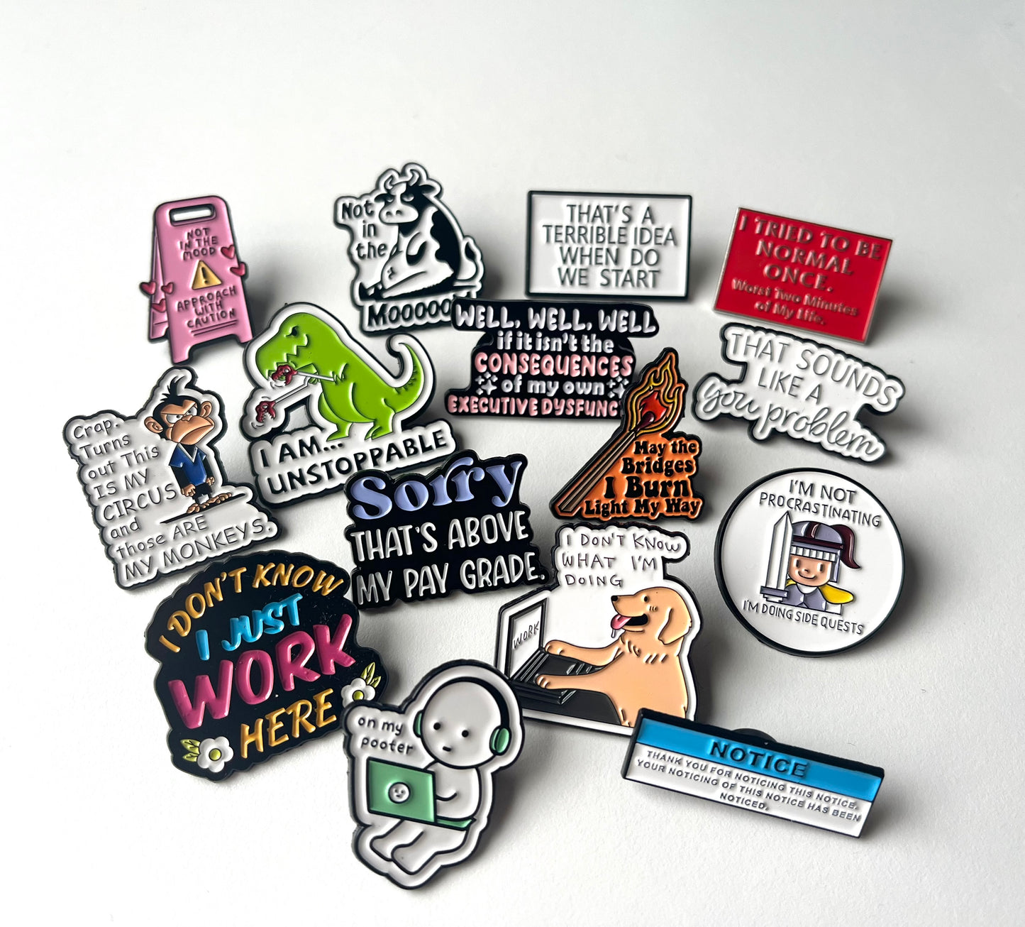 Sarcastic Enamel Lapel Pins – Procrastinators, Work Shy & Proudly Moody
