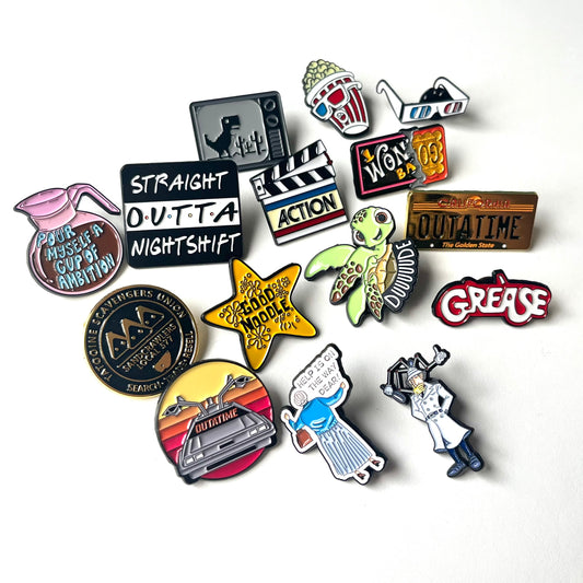 Retro & Cult Movie Enamel Lapel Pins – Funny Film Quotes & Illustrations