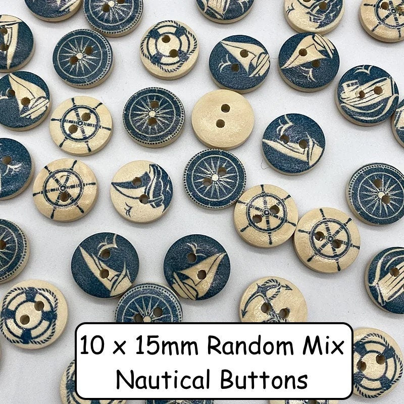 Wooden Buttons, 15mm, Pack of 10 Random Mix, colourful, animal, floral, stripe,  vintage buttons