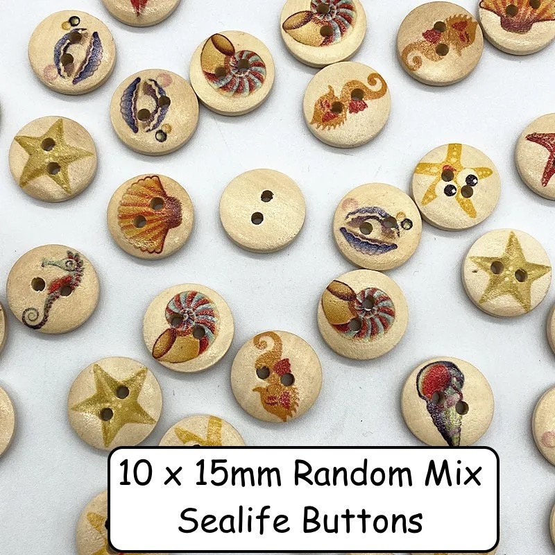 Wooden Buttons, 15mm, Pack of 10 Random Mix, colourful, animal, floral, stripe,  vintage buttons