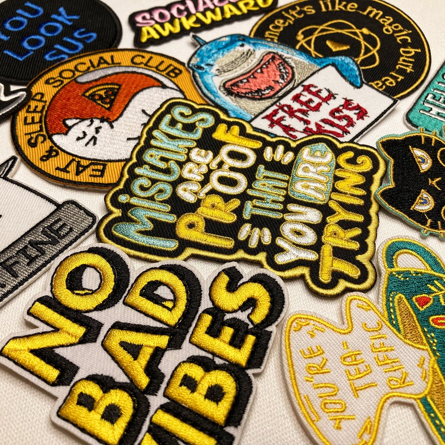 Social Anxiety Iron On Embroidered Patches. Sew on, no bad vibes, Hangry, Science, Bad Idea
