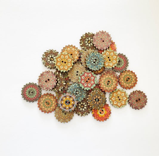 Bohemian Wooden Buttons, 20mm or 25mm, Pack of 10 Random Mix, colourful, retro, vintage buttons